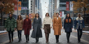 Models displaying Fall Winter 2026 outerwear trends in a US city