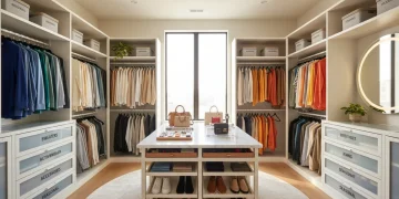 Modern walk-in closet with organized clothes and accessories