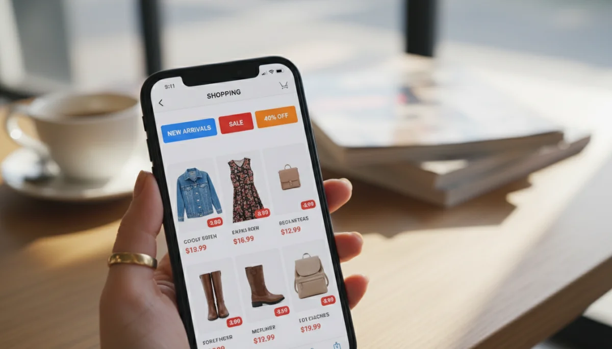 Smartphone displaying online shopping filters for 2026 retail sales