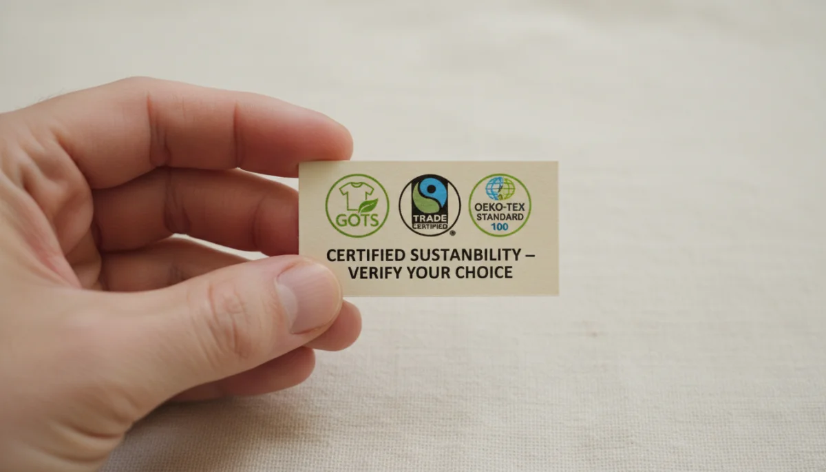 Hand holding clothing tag with sustainable certifications like GOTS and Fair Trade