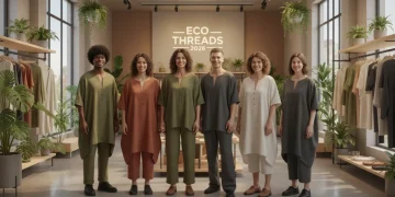 Stylish individuals showcasing sustainable fashion in a modern, eco-conscious store