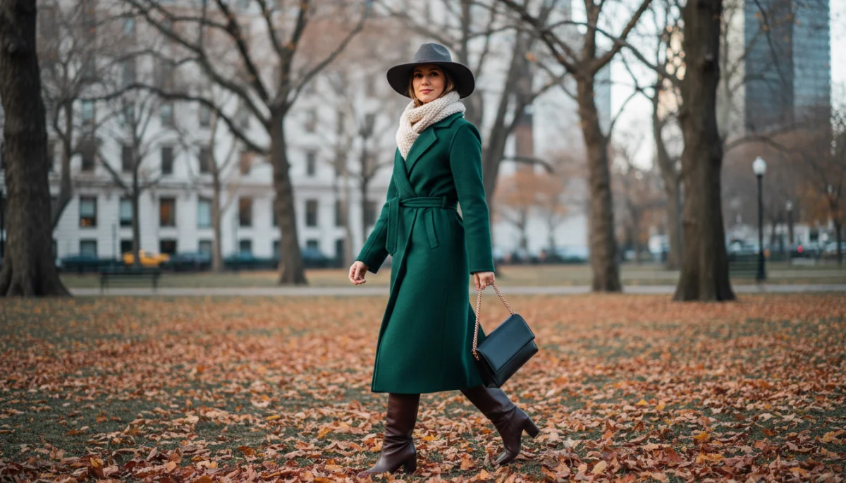 Person in a long tailored wool coat in an urban autumn setting