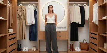 Woman curating a timeless wardrobe for 2026 with essential pieces