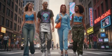 Stylish young adults in 2026 wearing Y2K inspired fashion, including low-rise jeans, metallic skirts, and playful accessories.