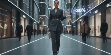 Woman using smartphone to find discounts on premium apparel in 2026