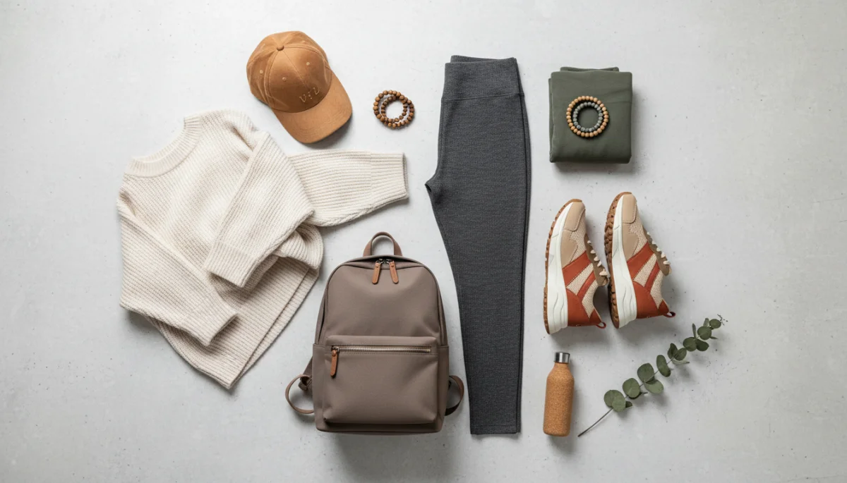 Flat lay of versatile athleisure clothing and accessories