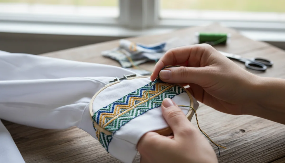 Hands skillfully embroidering a geometric pattern onto a plain white shirt cuff.