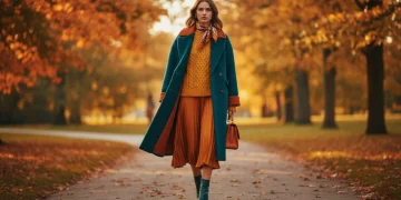 Model in deep teal, burnt orange, and mustard yellow outfit for fall 2026 fashion