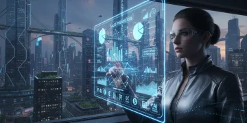 Futuristic shopper analyzing 2026 sales data on a holographic screen in a US city.