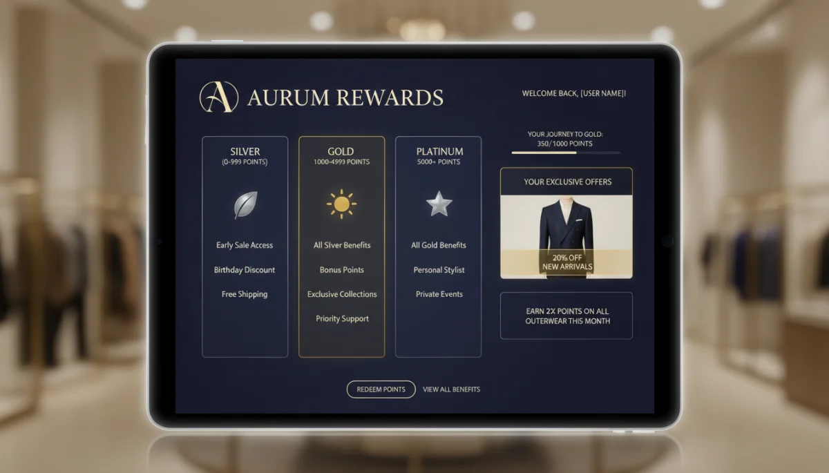 Digital interface showing loyalty program benefits for premium apparel shoppers