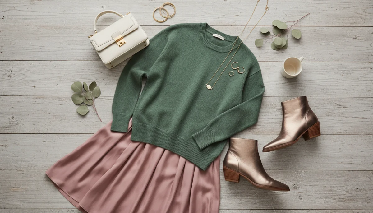 Moss green, dusty rose, and metallic bronze outfit flat lay for fall fashion