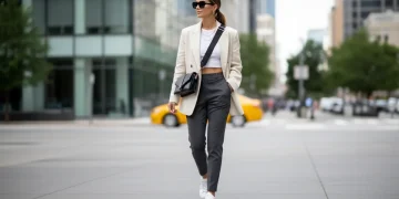 Woman in stylish 2026 athleisure outfit walking in city