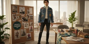 Stylish person personalizing off-the-rack jacket with embroidery and patches in modern US apartment.