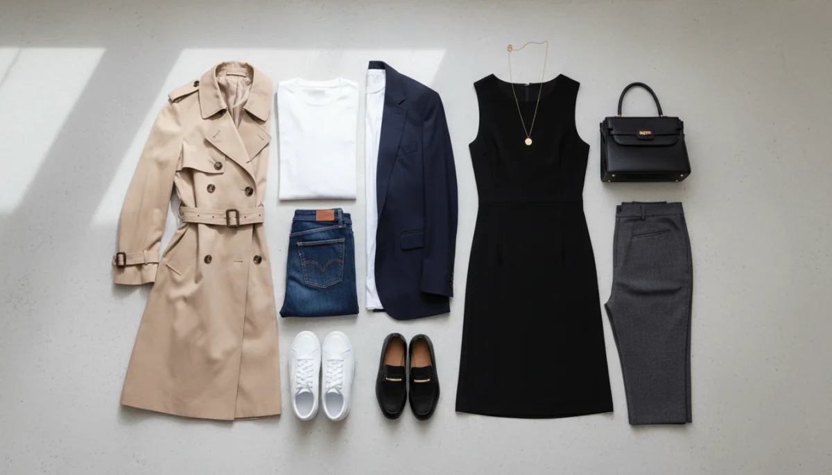 Flat lay of 10 essential wardrobe pieces for 2026 style