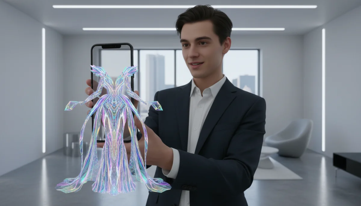 Person using virtual try-on app for metaverse fashion in the real world.