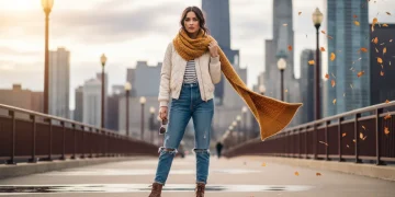 Woman demonstrating 2026 wardrobe transition hacks in an urban setting