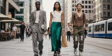 Diverse individuals modeling adaptable 2026 fashion trends in an urban setting