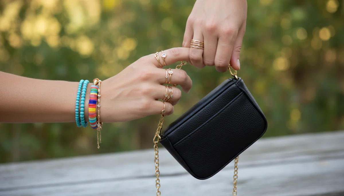 Close-up of hands wearing delicate rings and beaded bracelets with a chic crossbody bag