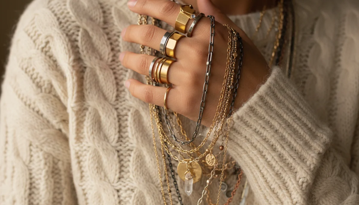 Close-up of layered metallic jewelry and mixed texture clothing