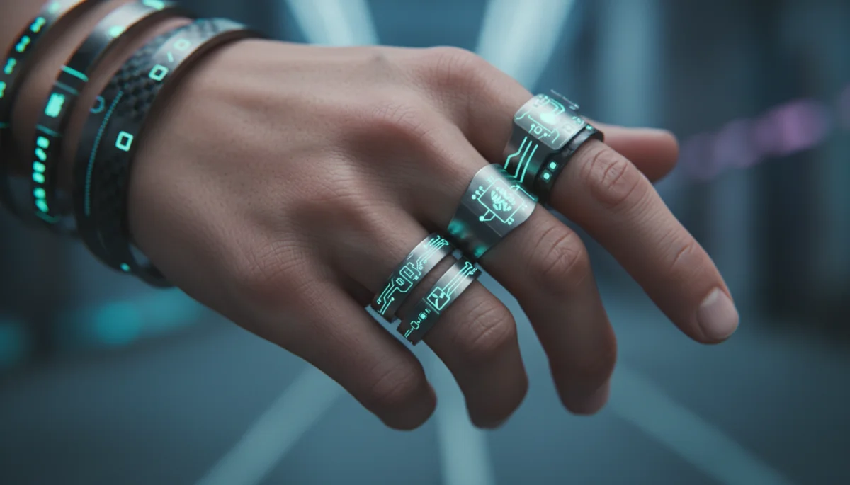 Tech-infused layered jewelry, showcasing smart rings and bracelets for 2026 street style.