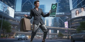 Smart shopper with shopping bags checking a budget app on a smartphone in a modern US city, symbolizing financial control in fashion.