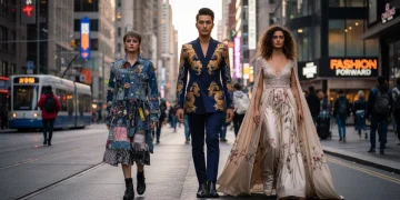 Diverse individuals displaying personalized fashion through tailoring, upcycling, and bespoke designs in a modern city setting.