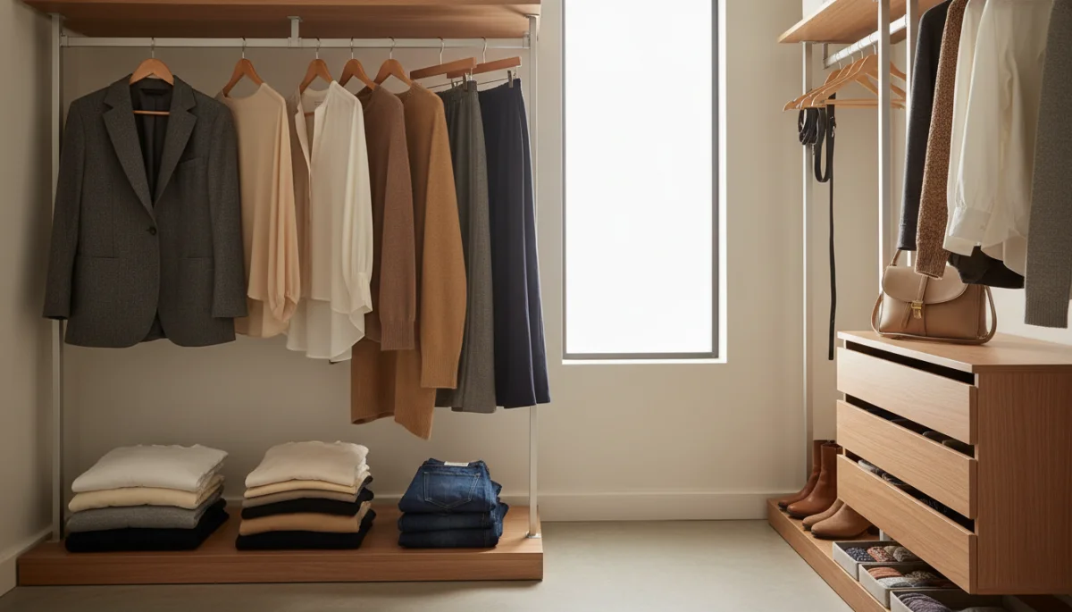 Organized capsule wardrobe with neutral clothing