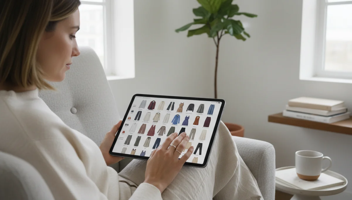 Digital wardrobe organization on a tablet, illustrating curated fashion choices and mindful consumption for budget savings.
