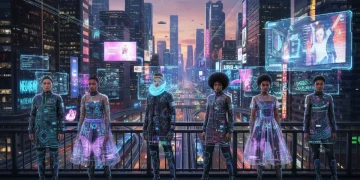 Futuristic models showcasing digital-first fashion innovations in a bustling US city