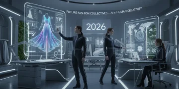 Futuristic fashion studio with AI interfaces and designers