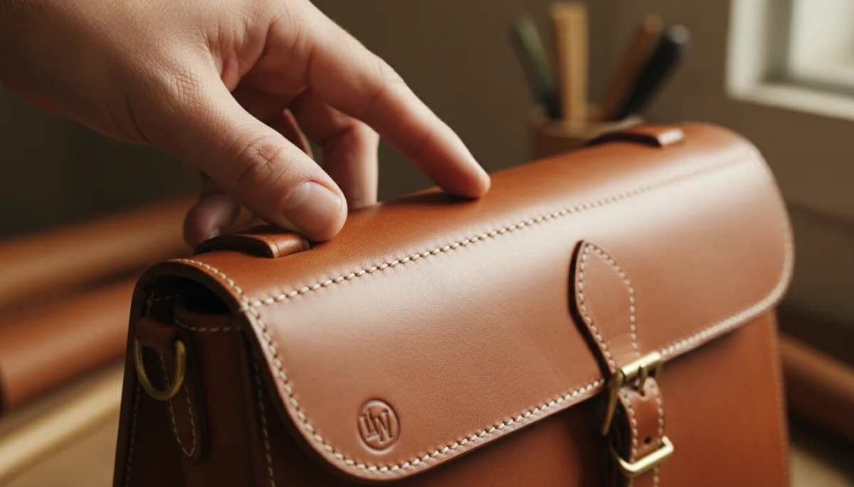 Hand inspecting quality stitching on a durable leather handbag
