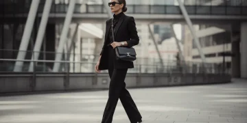 Woman in minimalist outfit walking in urban setting