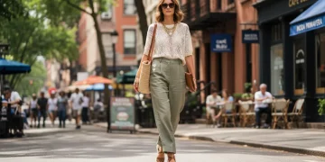Woman in stylish transitional spring to summer outfit 2026