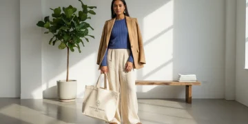 Woman showcasing sustainable fashion choices for 2026 in a modern setting