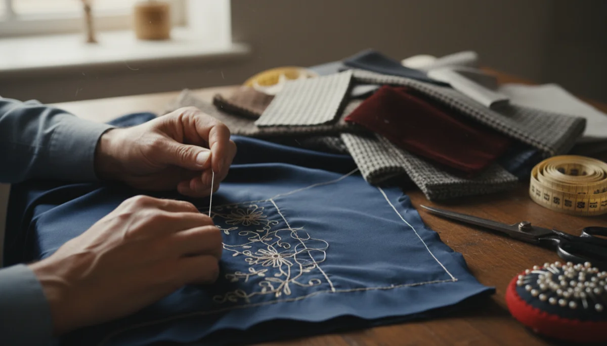 Skilled hands of a tailor meticulously stitching details on a custom garment, symbolizing precision in personalized styling.