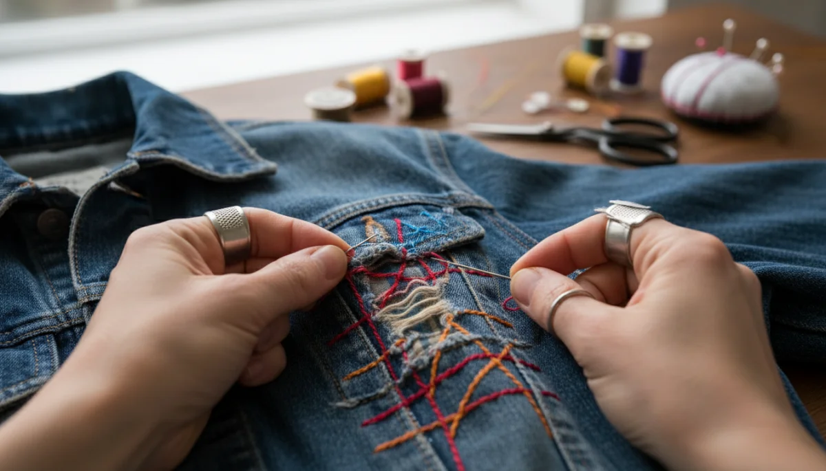 Hands visibly mending a garment to extend its lifespan